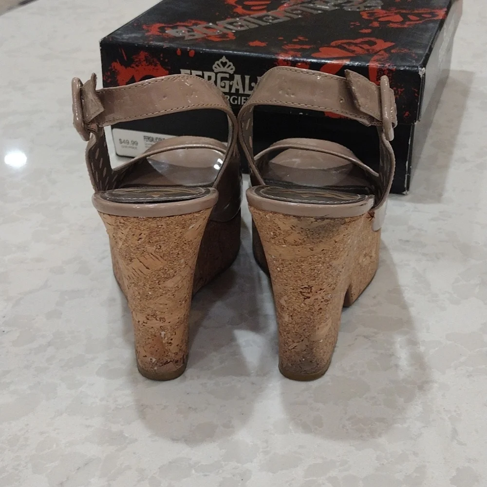 Fergalicious By Fergie. Beige and Cork Platform Wedges. Size 8M - Picture 4 of 7
